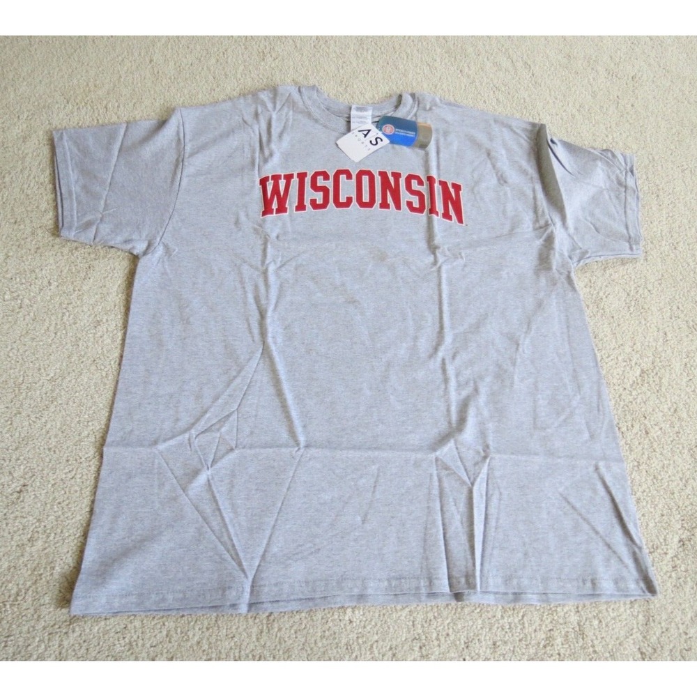 Men's AS Sports Wisconsin Spellout Collegiate Shirt Gray Size XL Short Sleeve